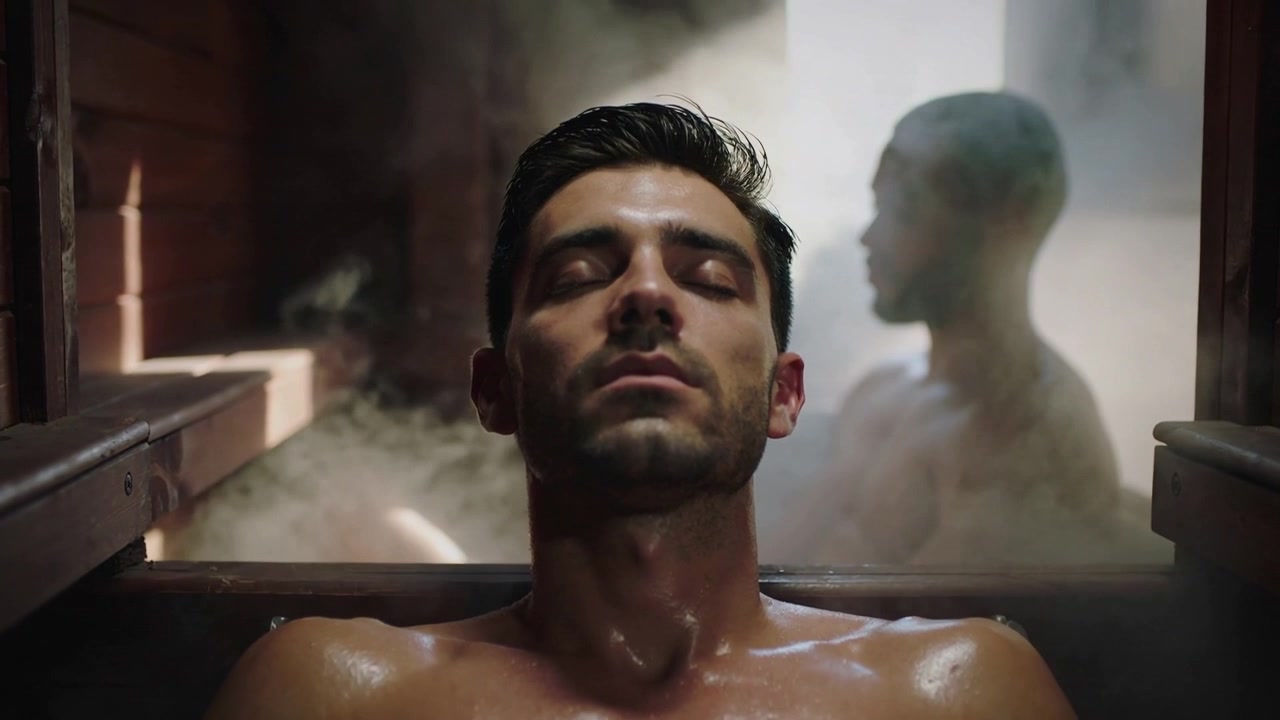 Uomo a torso nudo che riposa, appoggiato nella sauna e che respira, con il vapore che sale e lo offusca dietro il vetro.