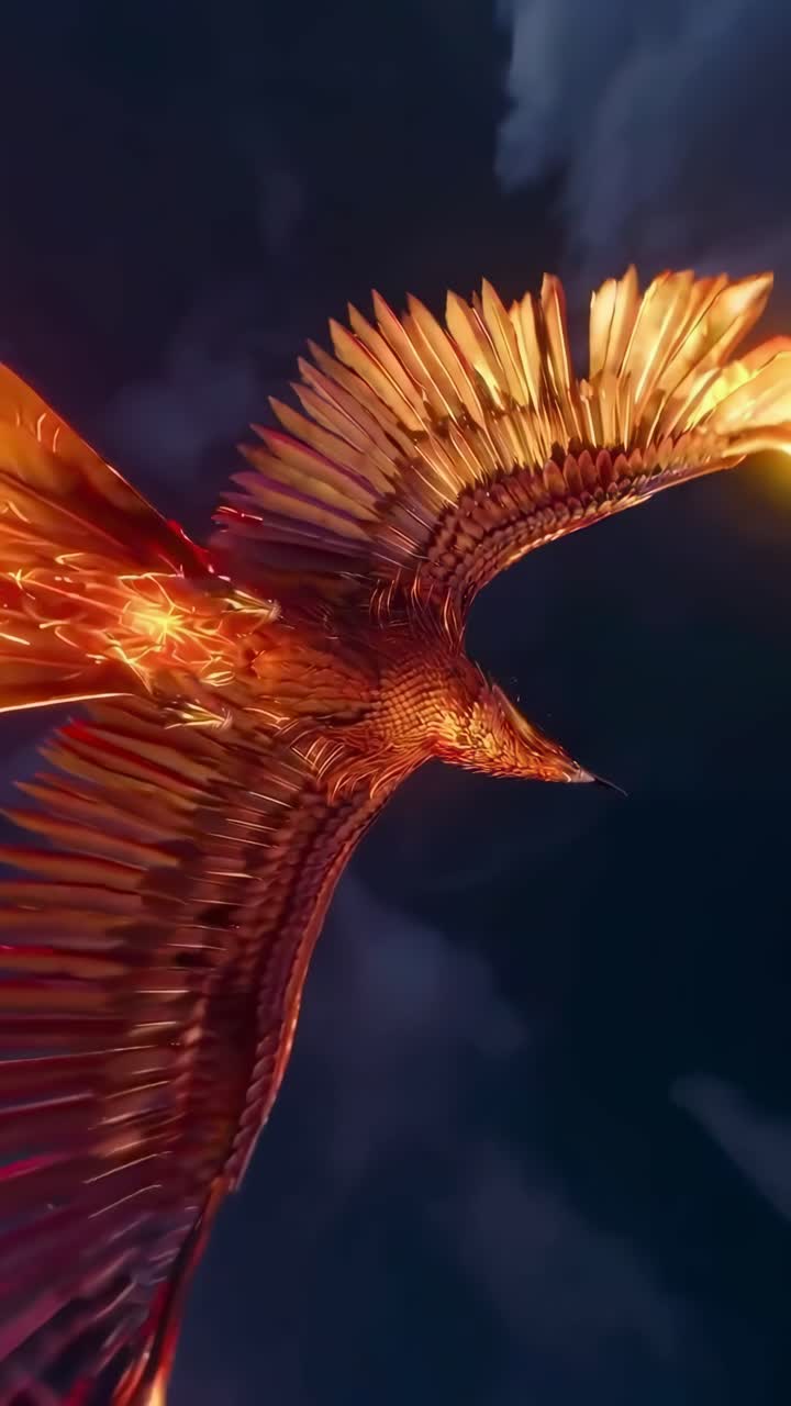 Vista aerea di una fenice infuocata in ascesa, con uno stile video dinamico e cinematografico