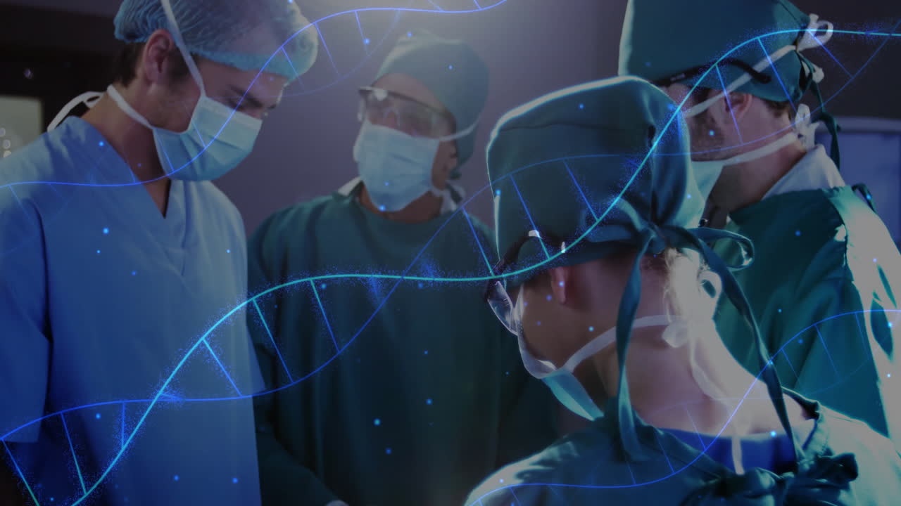 Performing surgery, medical team with DNA strand animation overlay in hospital