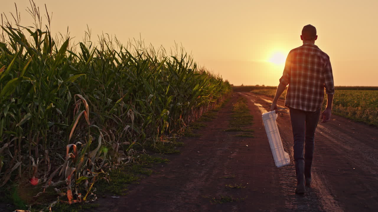 un granjero caminando por un campo de maíz al atardecer