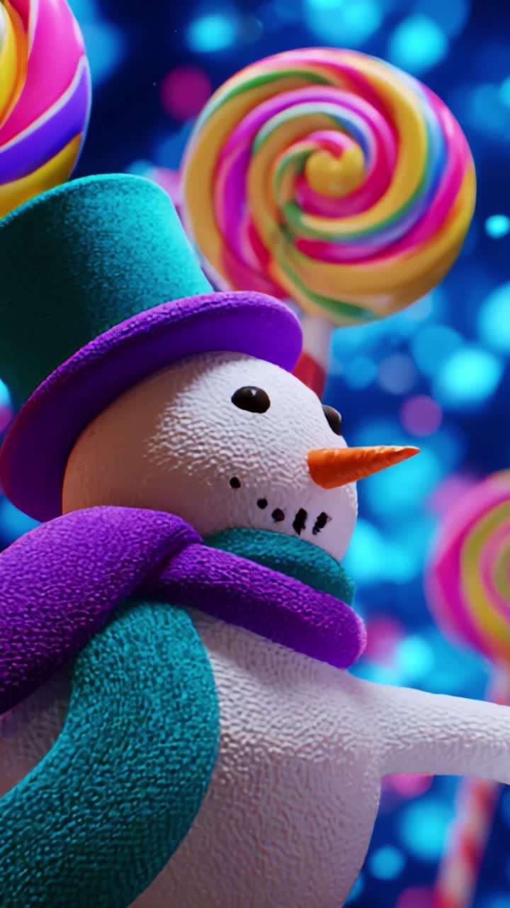 A Whimsical and Colorful Snowman Surrounded by Vibrant Lollipops, Radiating Joy and Festivity with Its Playful Attire and Bright Expressions Against a Dreamy, Dazzling Backdrop of Twinkling Lights