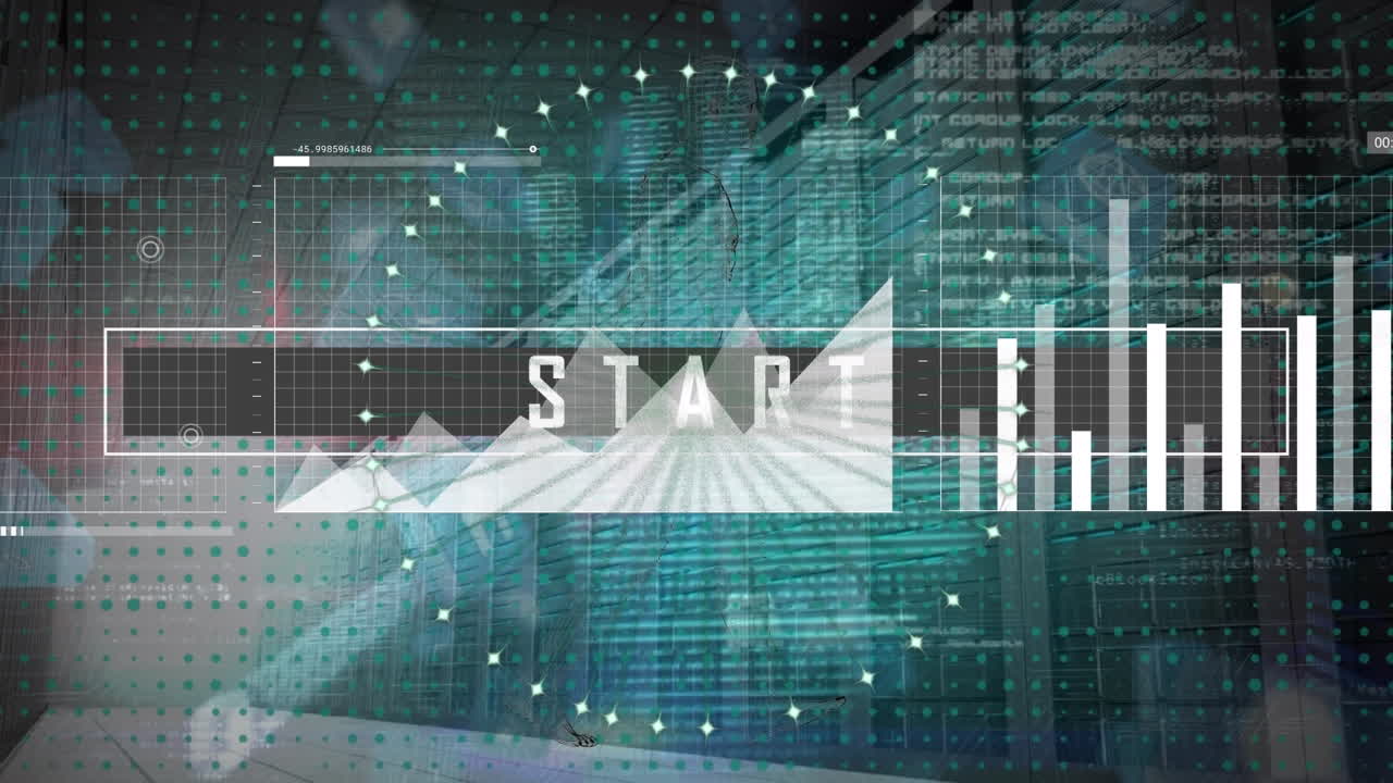 Animation of start text banner and statistical data processing against digital icons and server room
