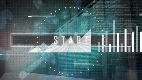 animation of start text banner and statistical data processing against digital icons and server room