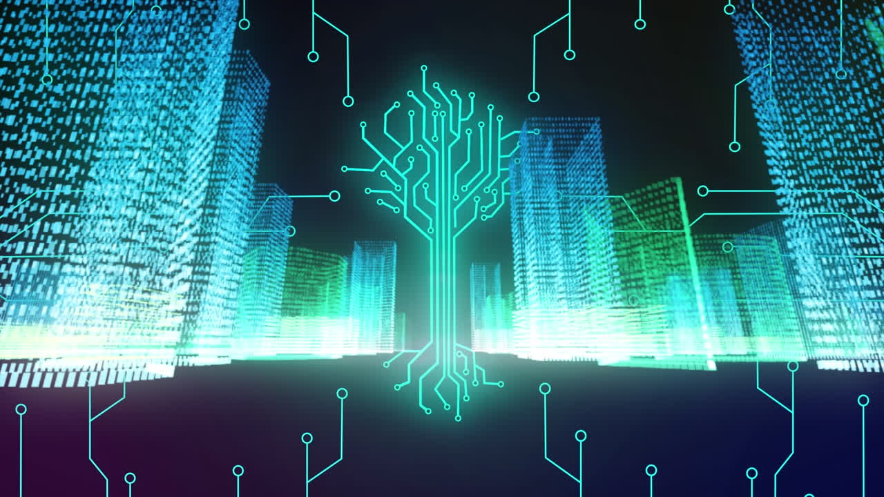 Animation of integrated circuit over metaverse cityscape and black background