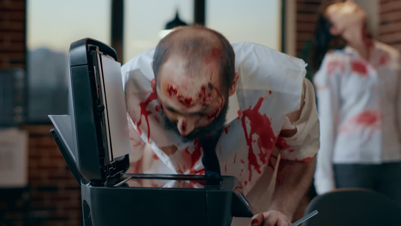 Horror looking brain-eating monster with deep bloody wounds trying to use office printer
