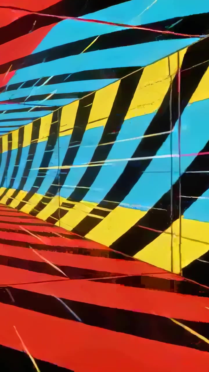Video vertical: Cámara haciendo un paneo creando un movimiento de túnel a través de paneles murales, rayas negras y destellos de luz.