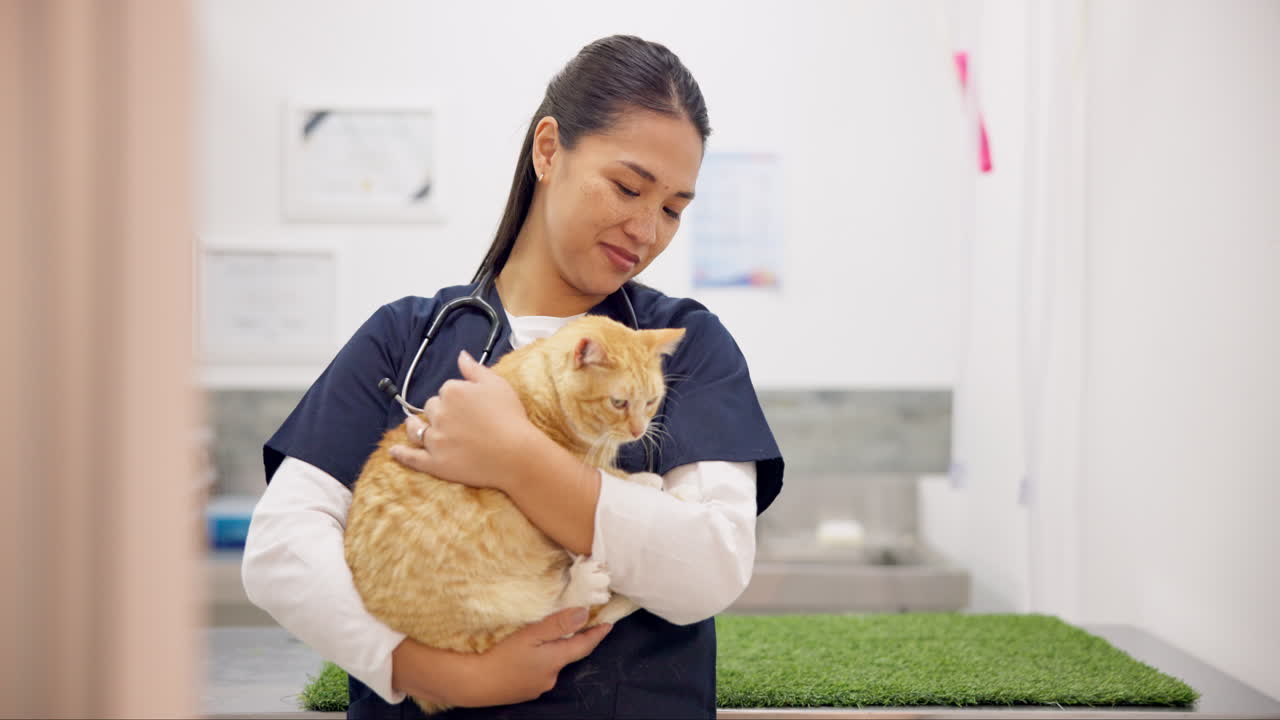 sonrisa, veterinario y mujer con gato mascota para el cuidado