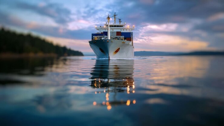 Majestic cargo ship navigating tranquil waters during sunset, showcasing the beauty of maritime transport and the reflection of clouds on the calm ocean surface