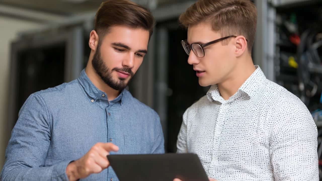 Two Young Men Collaborate on a Tablet in a Technical Environment, Engaged in Discussion About Data or Software Solutions in a Server Room Setting