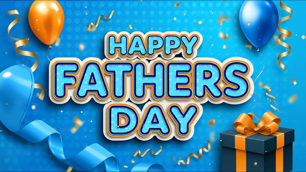 Feliz Día del Padre: animación de tipografía de celebración con globos sobre fondo azul de fiesta