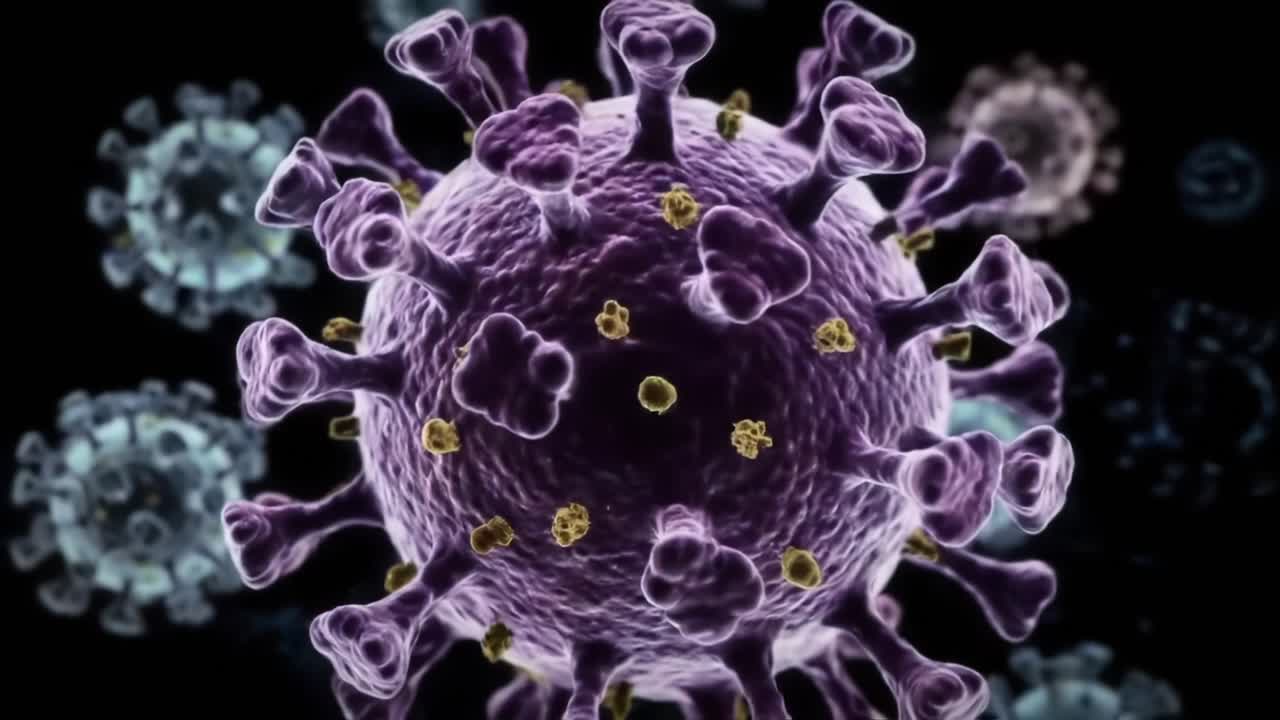 Detailed Visualization of Viral Structure: A Close-Up Exploration of a Virus Particle with Multiple Protrusions and Complex Surface Configurations