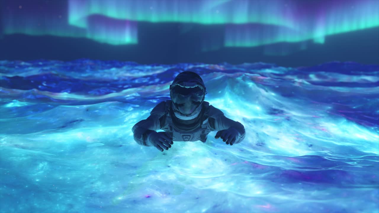 Astronauta che galleggia in un oceano cosmico sotto l'Aurora Boreale