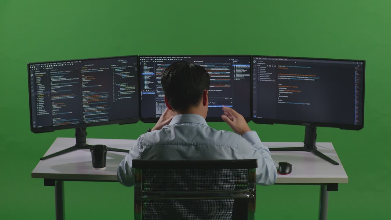 Back View Of Asian Man Developer Having Headache While Write Code With Multiple Computer Screens In Green Screen Studio
