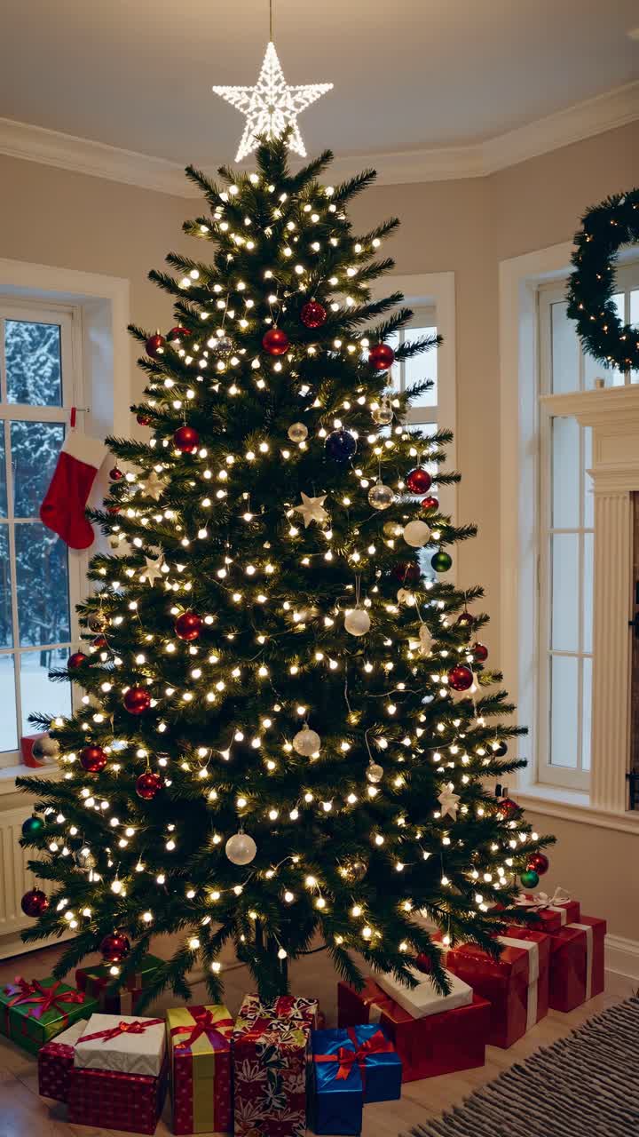 Festive Christmas tree adorned with lights and ornaments, shot from a low angle