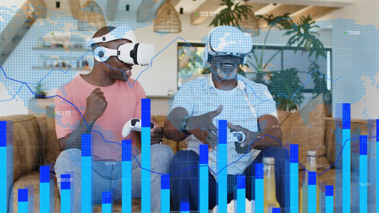 Father and son pressing controllers, causing blue charts and grids overlaying, cheering gaming win