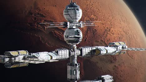 close establishing shot of a futuristic space station orbiting mars, the red planet