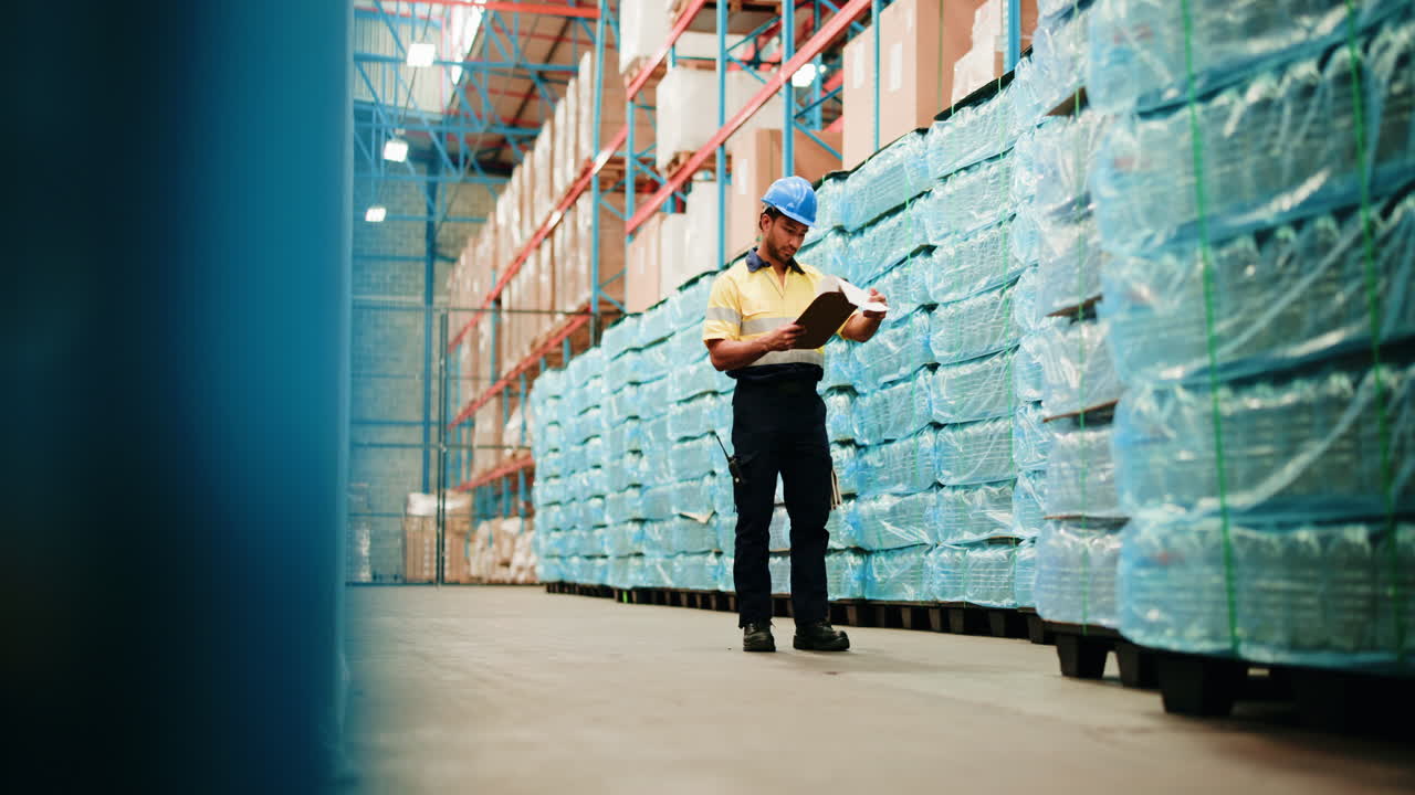 Warehouse Worker Inspecting Inventory with Clipboard in Large Storage Facility