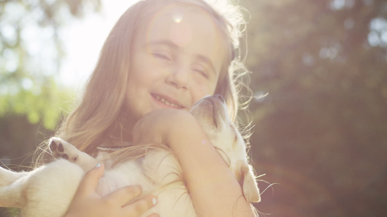 Close-up view of a caucasian little girl holding a small labrador puppy while looking at camera and spinning around in the park on a summer day