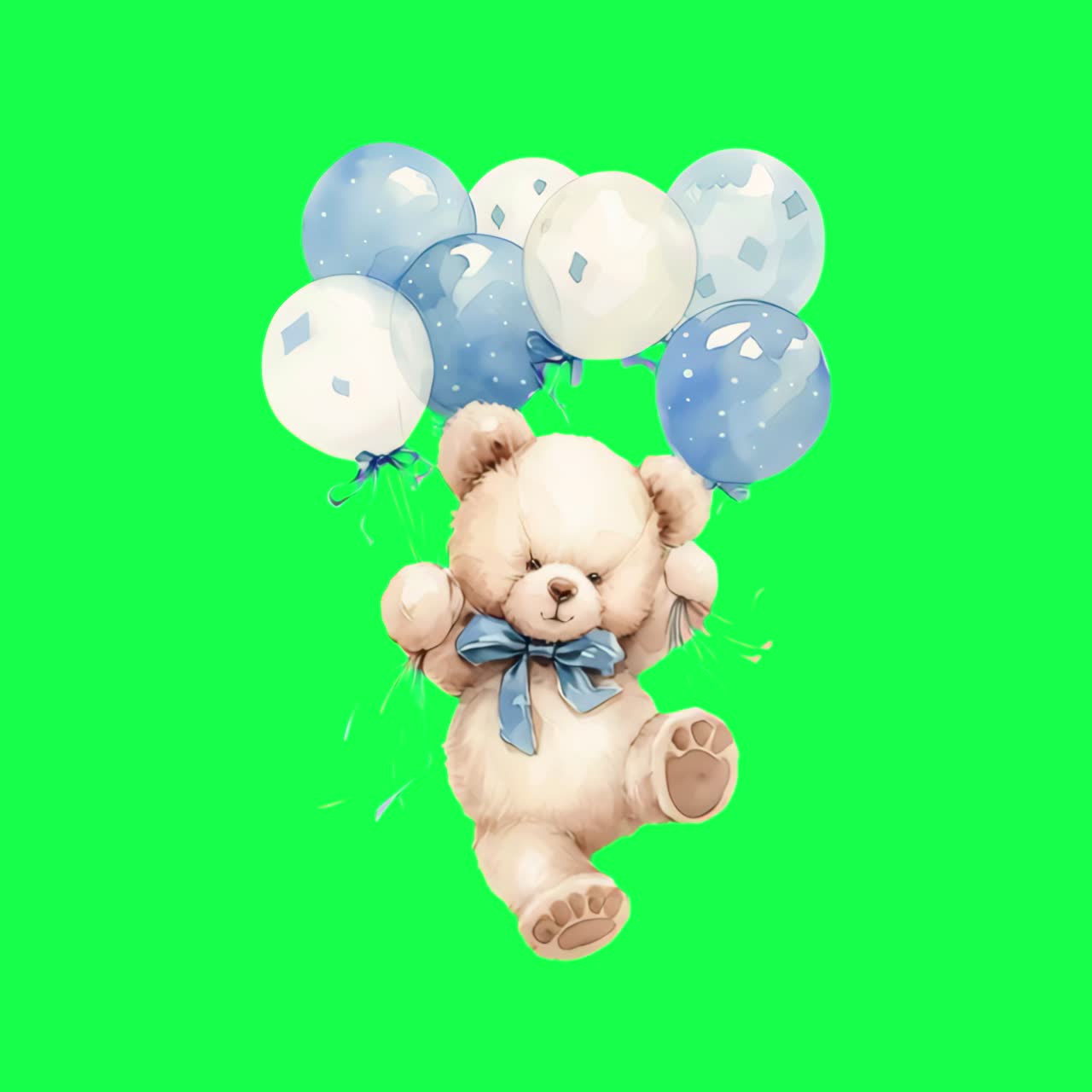 Cute teddy bear with balloons animation, transparent 4K video, green screen