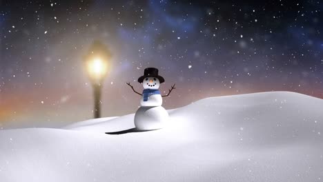 Animation-of-snow-falling-over-smiling-snowman-in-winter-scenery