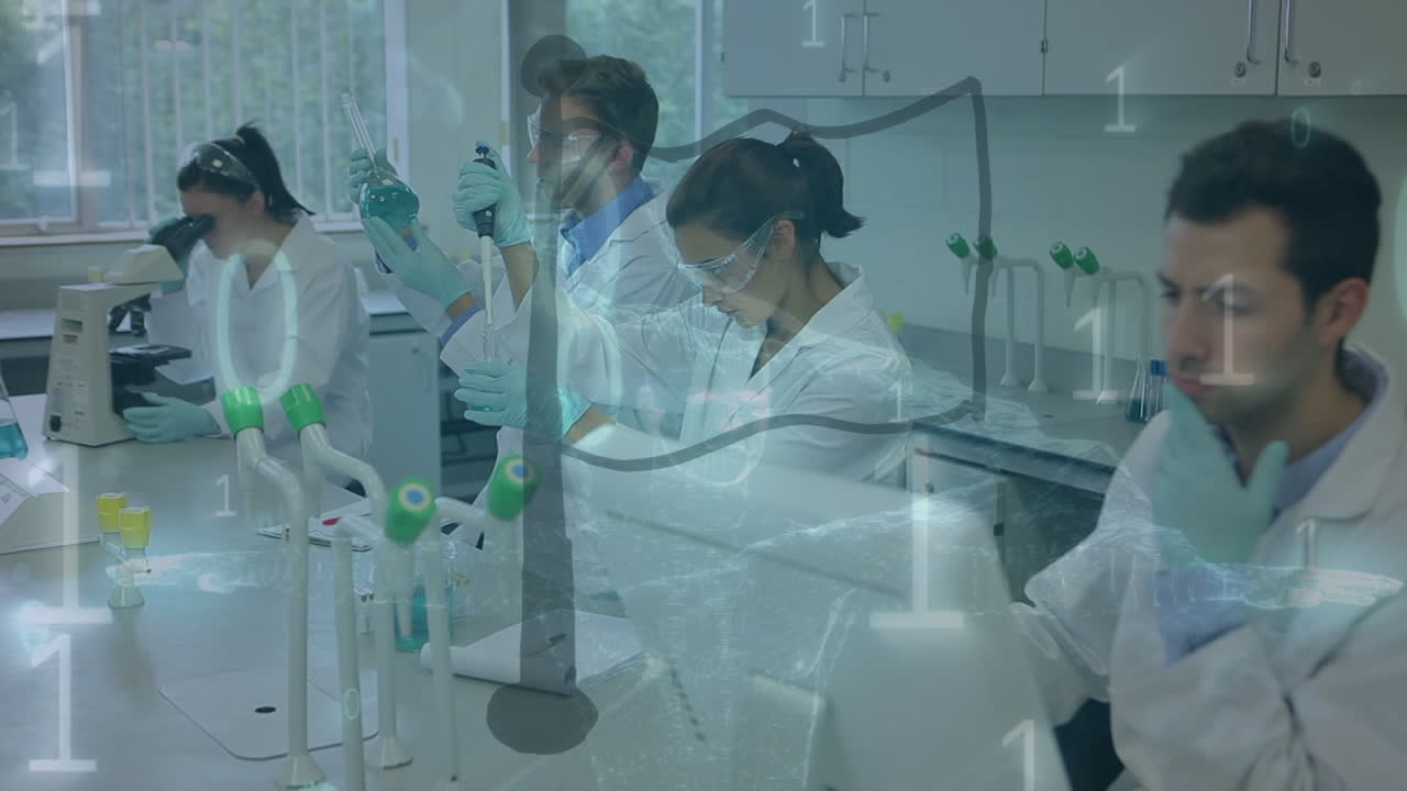 анимация двоичного кодирования, обработка данных над различными учеными в лаборатории