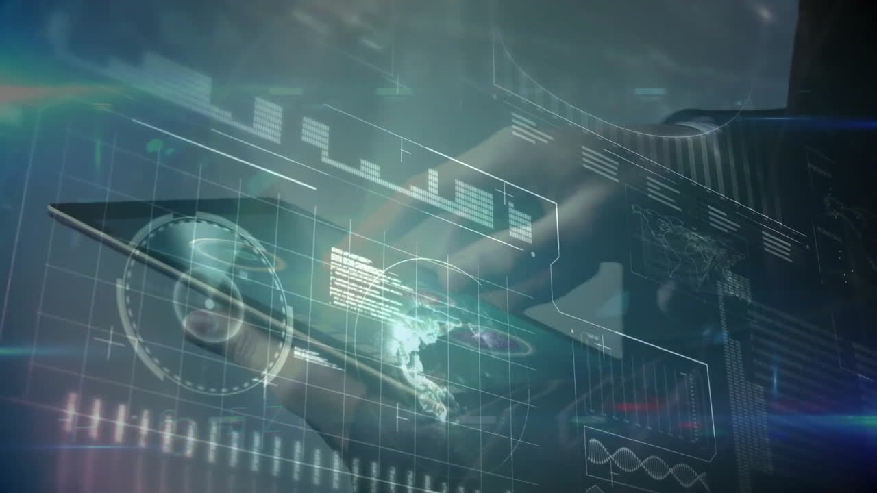 Hands holding tablet while projecting holographic UI with map, charts, grid lines in flat design