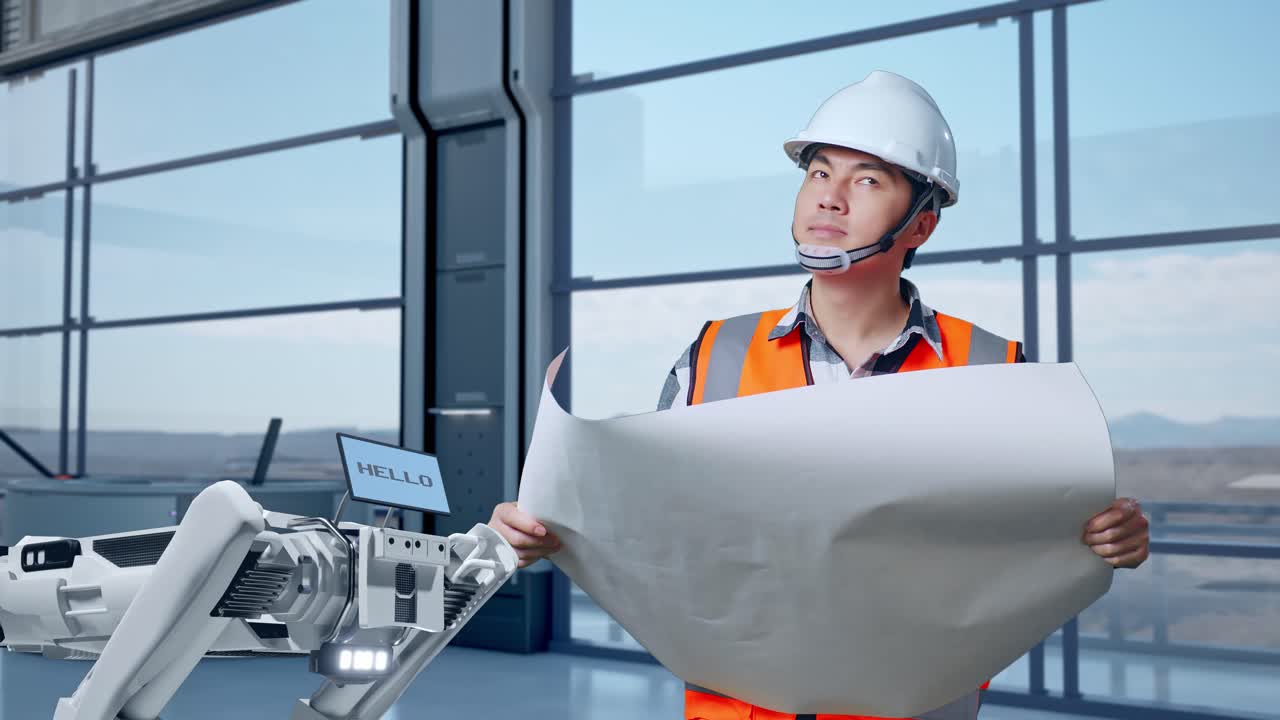 Engineer Reviewing Plans with a Robot in a Modern Facility