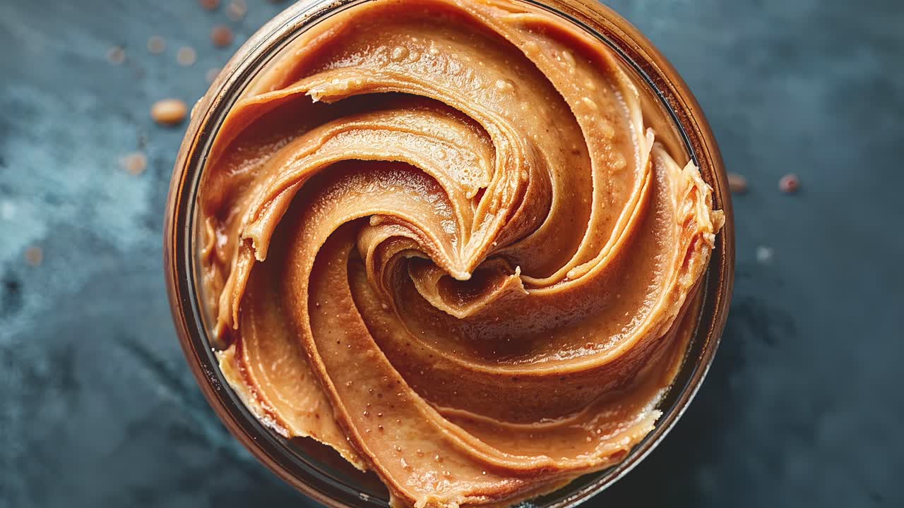 Close up of creamy peanut butter in a glass jar