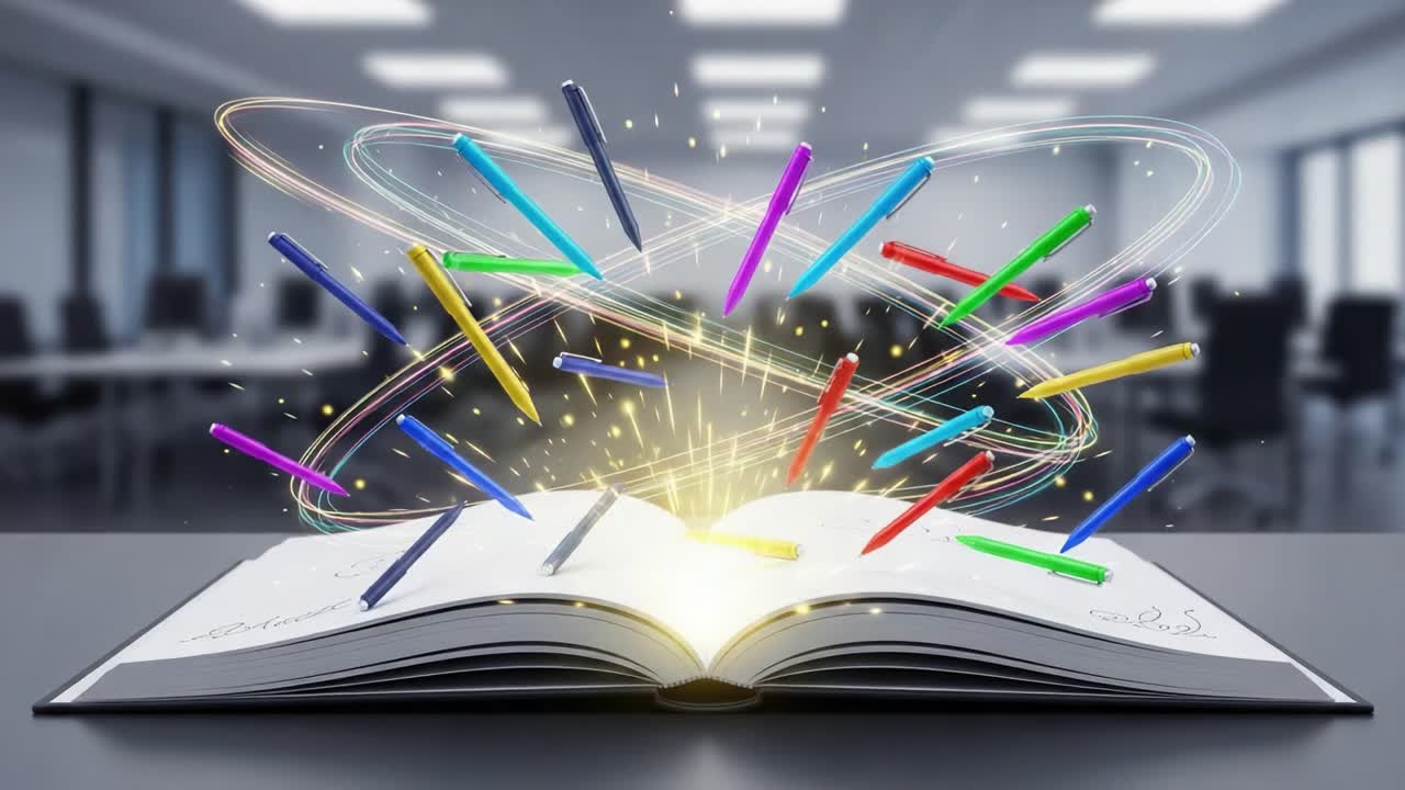 A Magical Scene Unfolds in an Open Book as Colorful Pens Swirl and Dance, Creating a Quantum of Inspiration and Creativity in a Bright Learning Environment