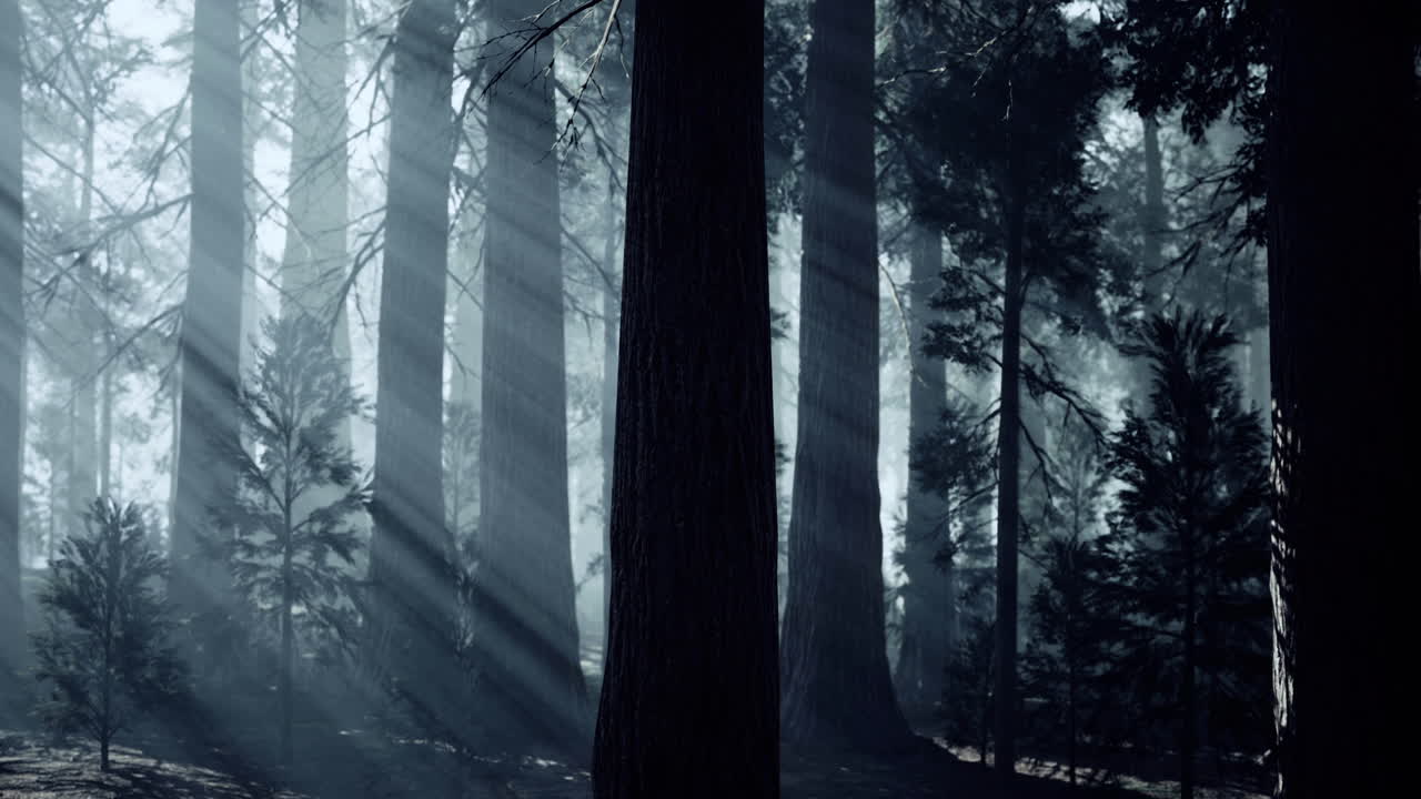 Light filtering through trees in a serene forest during early morning