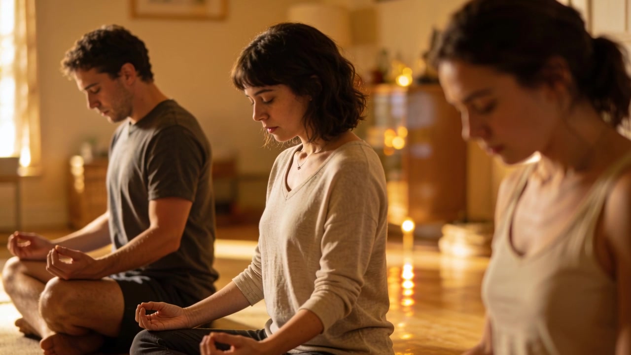 Starting session, three adults in casual wear breathing for mindfulness in studio with lit candles