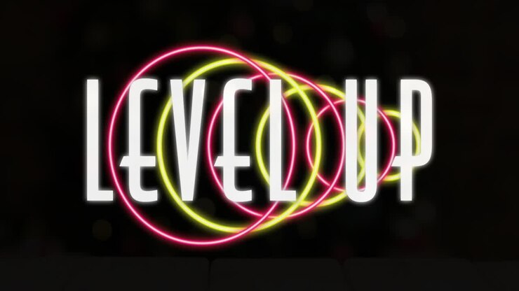 Animazione del testo 'level up' su motivo al neon su sfondo nero