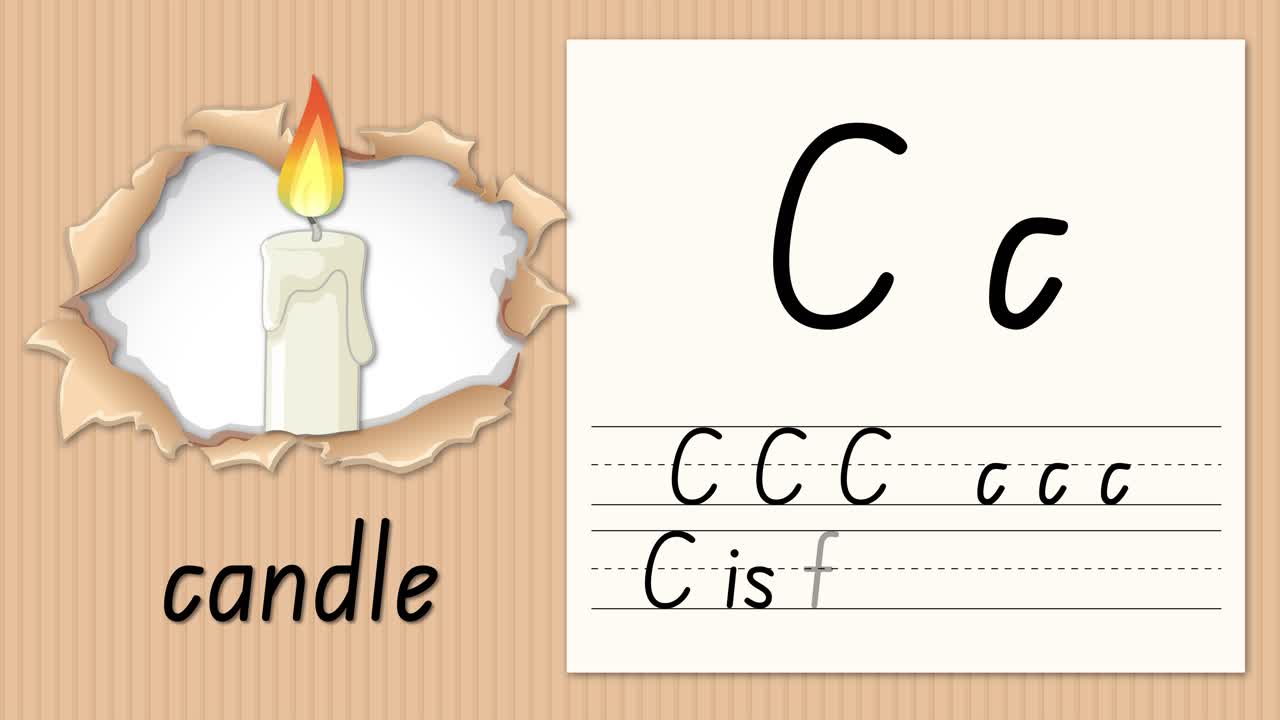Video educativo animato che insegna la scrittura della lettera C usando un'illustrazione di una candela su sfondo di cartone
