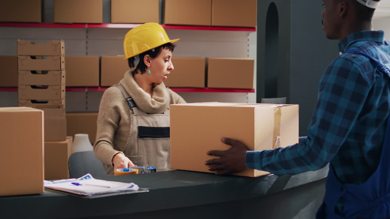 Warehouse employees handling boxes