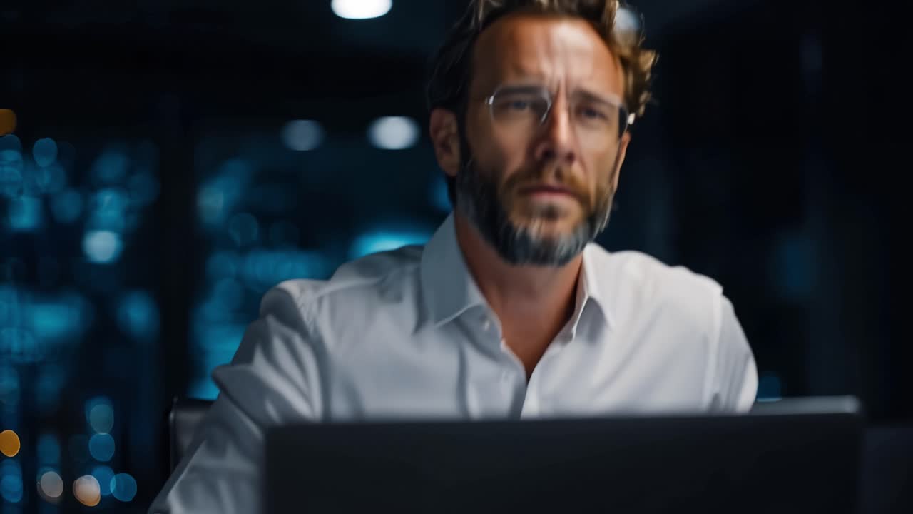 Focused Man Working Late at Night on Laptop, Highlighting Commitment to Project, Surrounded by Dim Light and Modern Office Environment