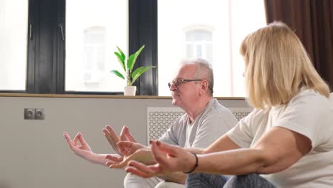 happy elderly couple doing fitness yoga at home mature retired husband and wife enjoying meditation happy elderly couple doing fitness yoga at home mature retired husband and wife enjoying meditation healthy lifestyle concept