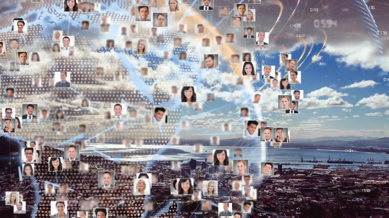 Business professionals connecting through animated globe mesh above coastal city, highlighting data