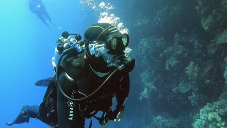 Scuba divers effortlessly swimming along a coral shelf along the great barrier reef new New Caledonia