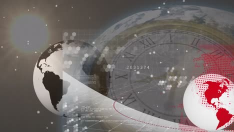 animation of rotating globe, with network and data processing over turning clock, on grey