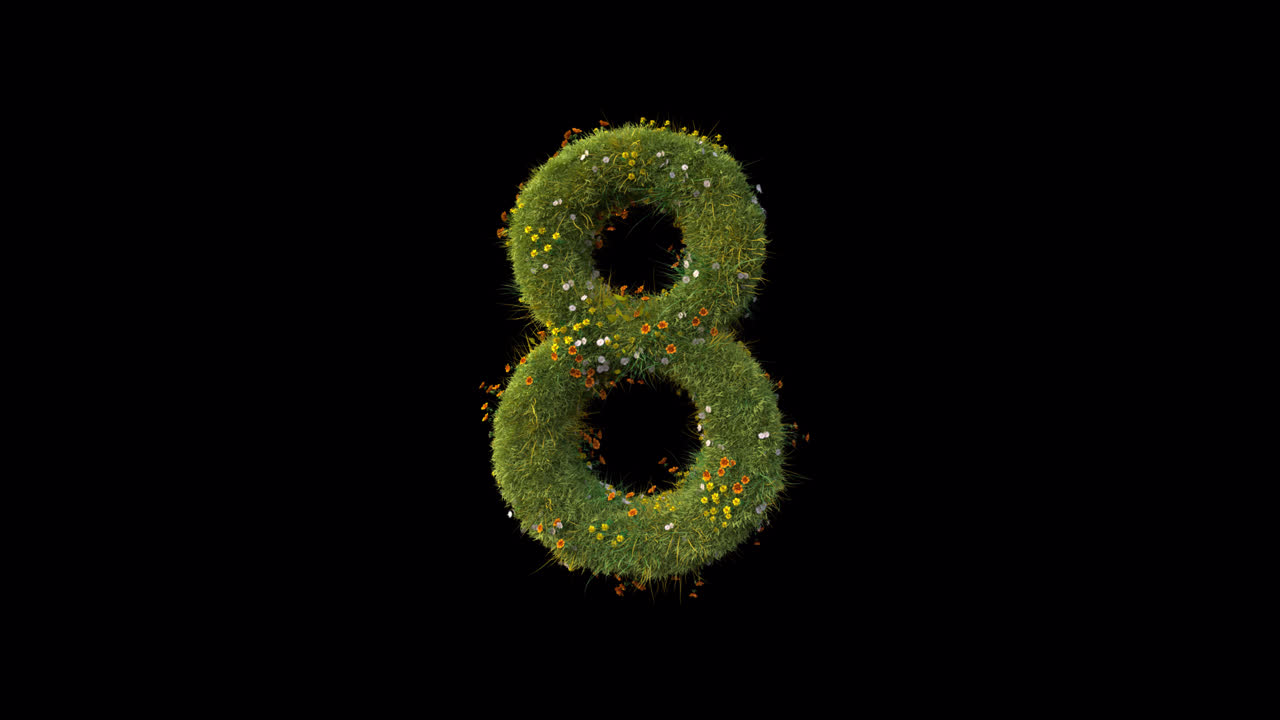 Number Eight Made of Growing Grass and Blooming Flowers