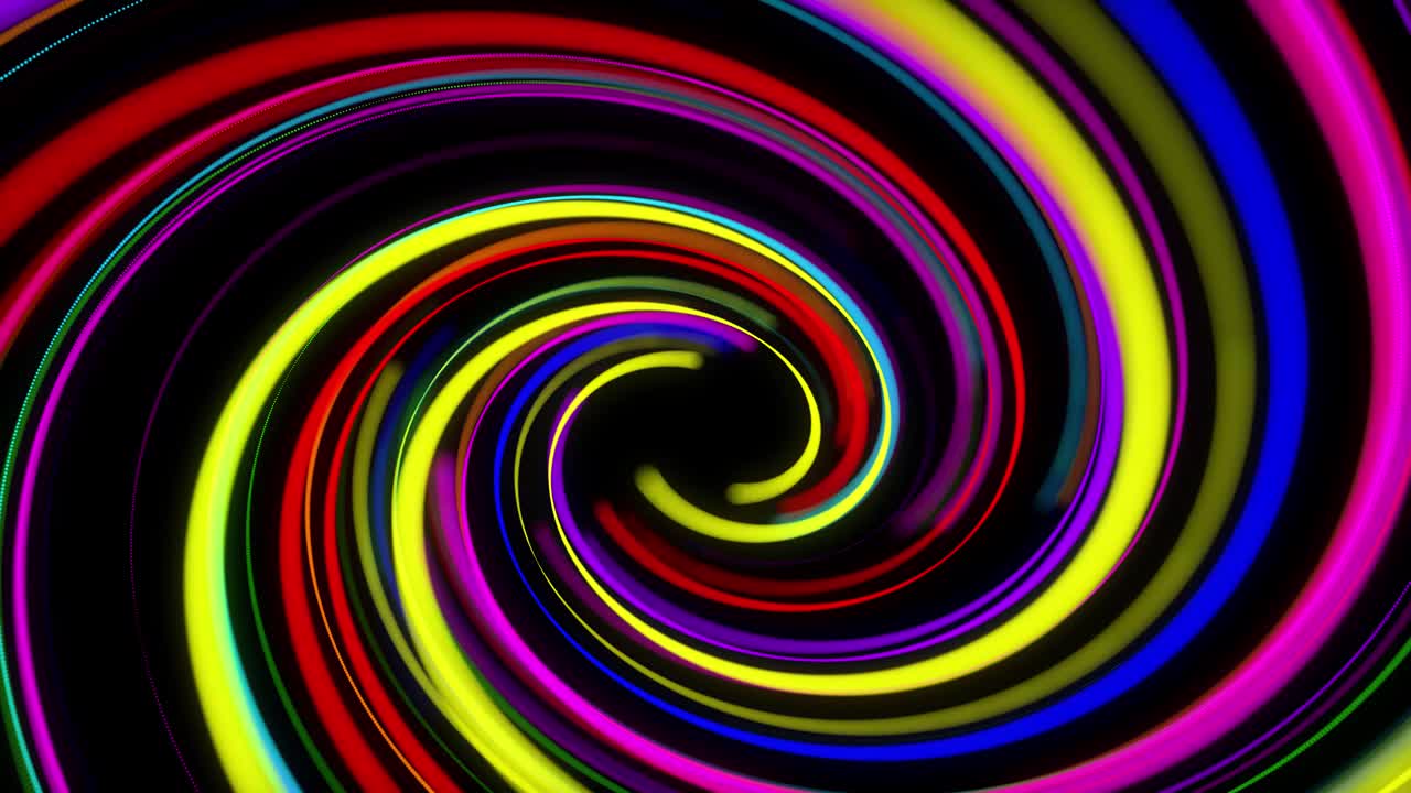 Elegante sfondo astratto creativo in 4K. Linee colorate che si avvolgono a spirale volano lungo un percorso sinuoso. Sfondo di motion design di particelle che formano linee, eliche e strutture astratte. Render 3D.