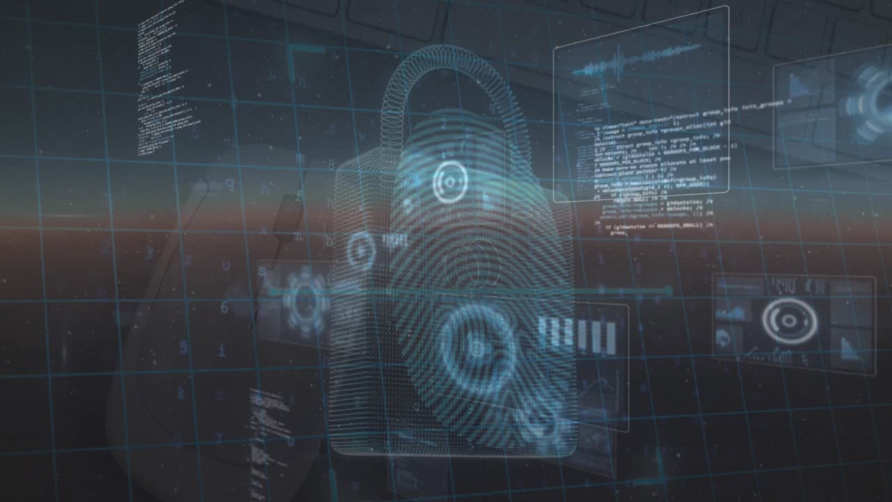 Animation of data processing and security padlock over blue background