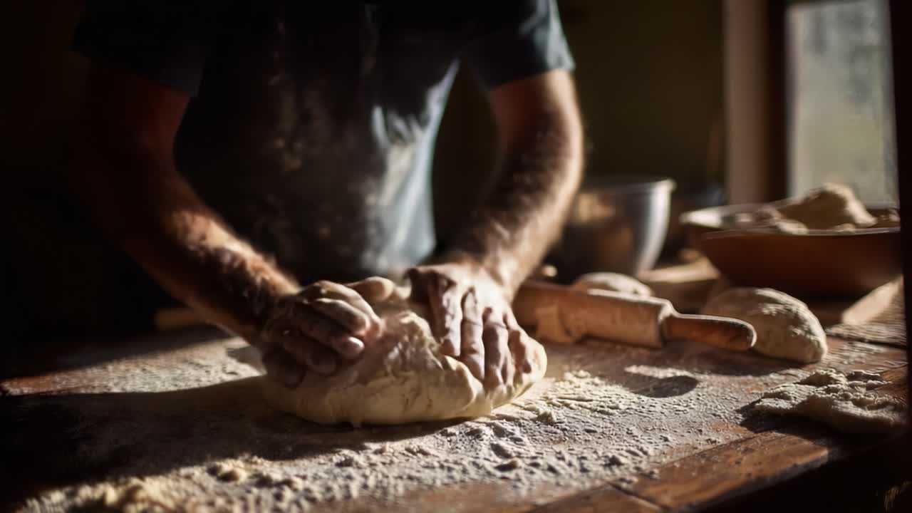 A Skilled Baker Engages in the Art of Bread Making, Kneading Dough on a Flour-Dusted Wooden Surface, Showcasing the Craftsmanship and Techniques Essential for Artisan Baking