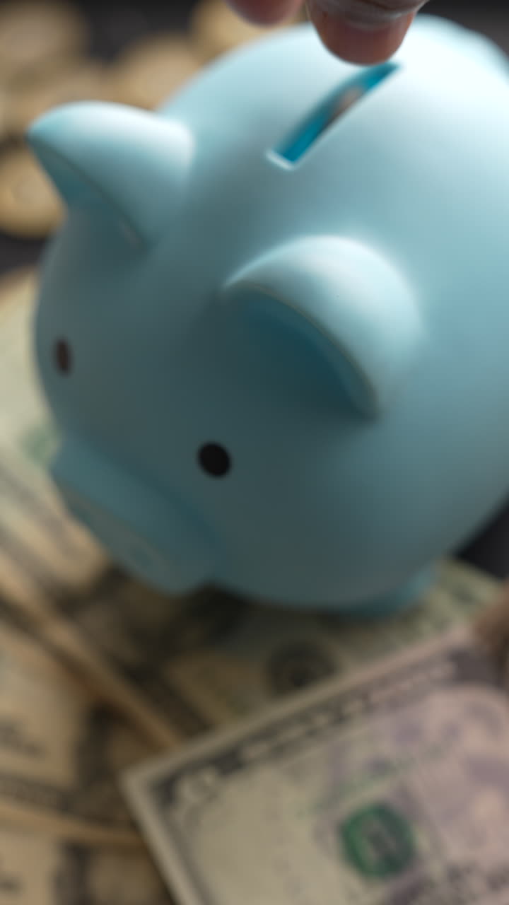 A captivating vertical video featuring a blue piggy bank atop dollar bills. Perfect for themes of saving, finance, and budgeting. Ideal for social media stories and mobile content