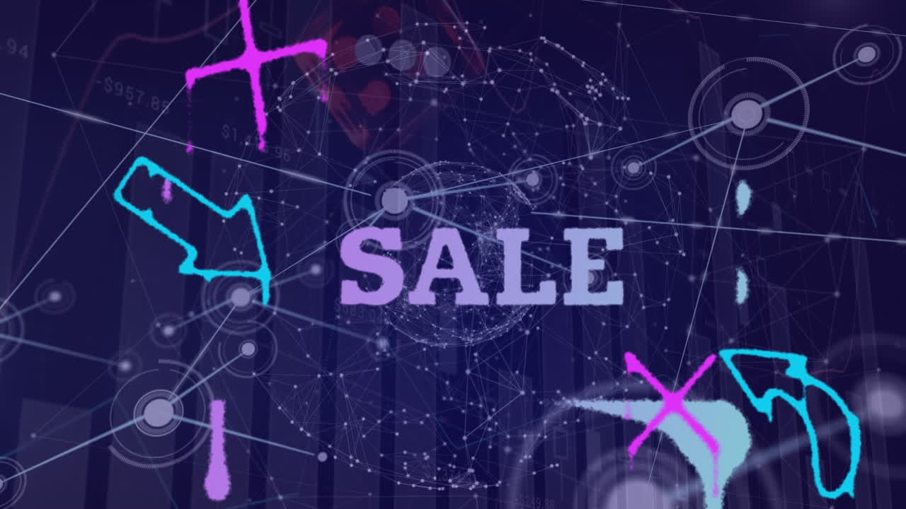 파란색 배경에 화살표, 십자가 및 연결 위에 판매의 애니메이션