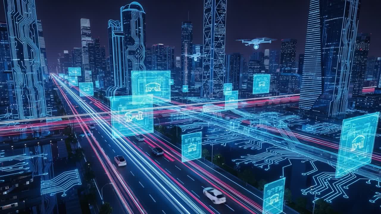 Futuristic Cityscape Featuring Advanced Digital Infrastructure and Translucent Data Overlays in a High-Tech Urban Environment at Night