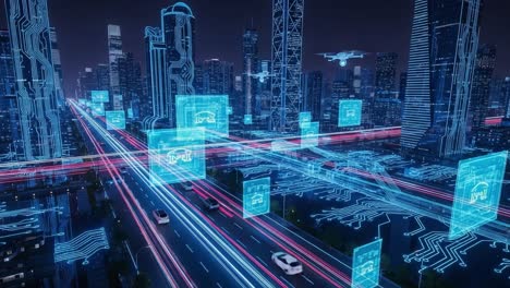 futuristic cityscape featuring advanced digital infrastructure and translucent data overlays in a high-tech urban environment at night