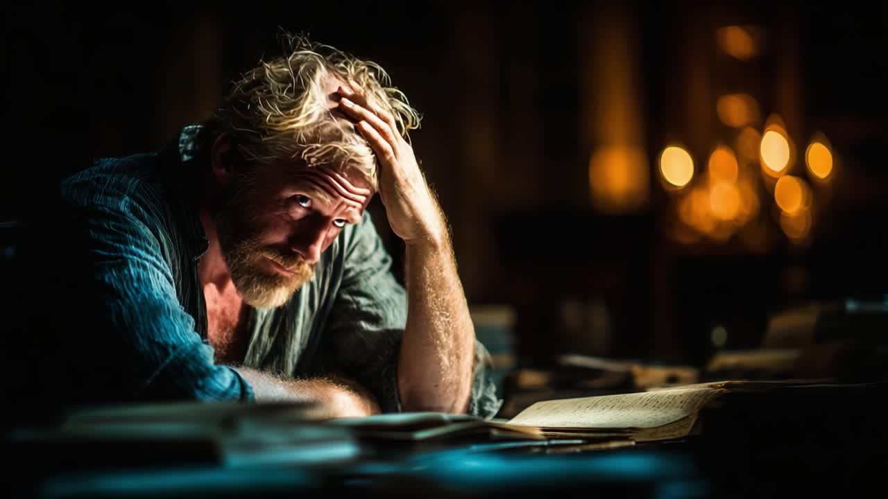 Un uomo contemplativo in una stanza in penombra, alle prese con i pensieri mentre è circondato da pagine non scritte, che ricorda una profonda riflessione personale e un tumulto creativo.