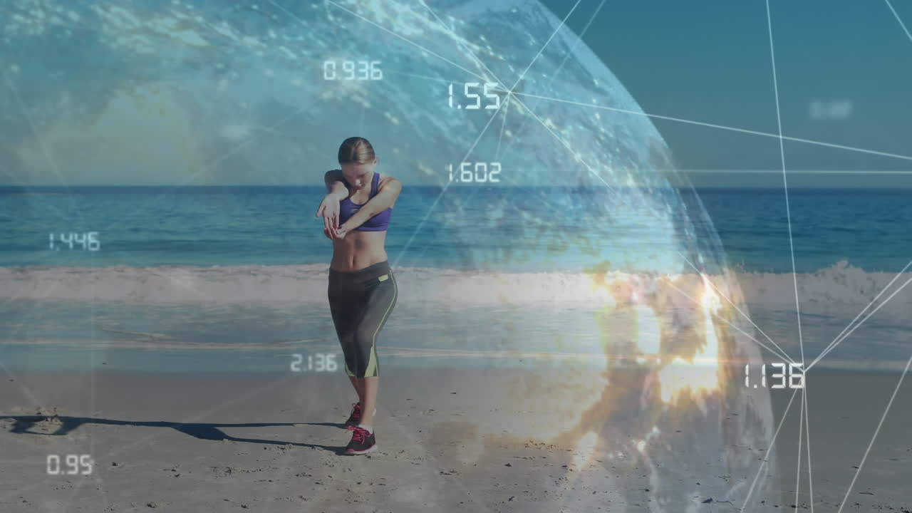 Animazione di rete globale luminosa e dati su donna che fa yoga su spiaggia assolata
