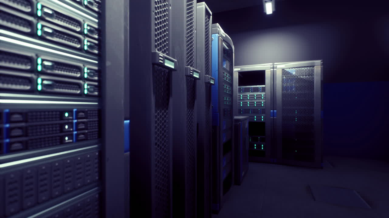 Server room with high tech equipment illuminated by blue lights at night